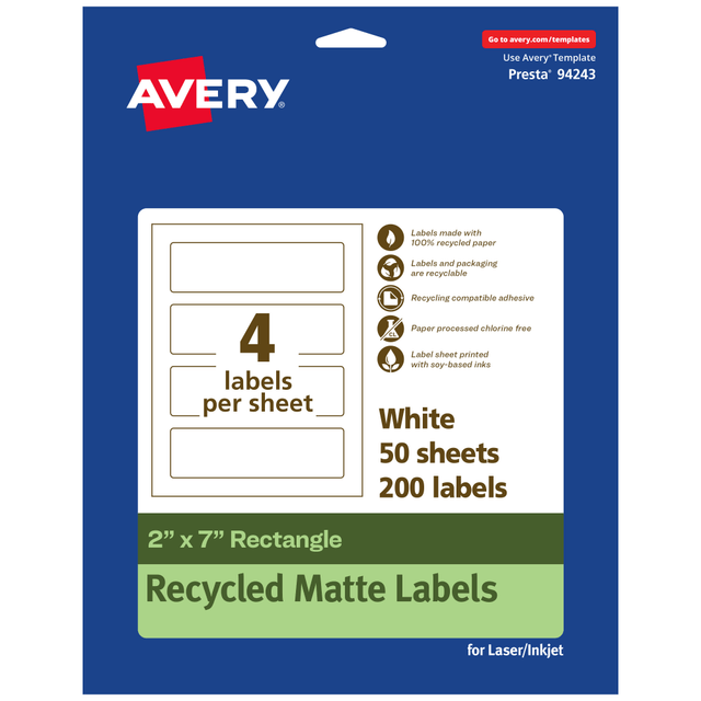 AVERY PRODUCTS CORPORATION 94243-EWMP50 Avery Recycled Paper Labels, 94243-EWMP50, Rectangle, 2in x 7in, White, Pack Of 200 AVERY PRODUCTS CORPORATION 94243-EWMP50 Avery Recycled Paper Labels, 94243-EWMP50, Rectangle, 2in x 7in, White, Pack Of 200