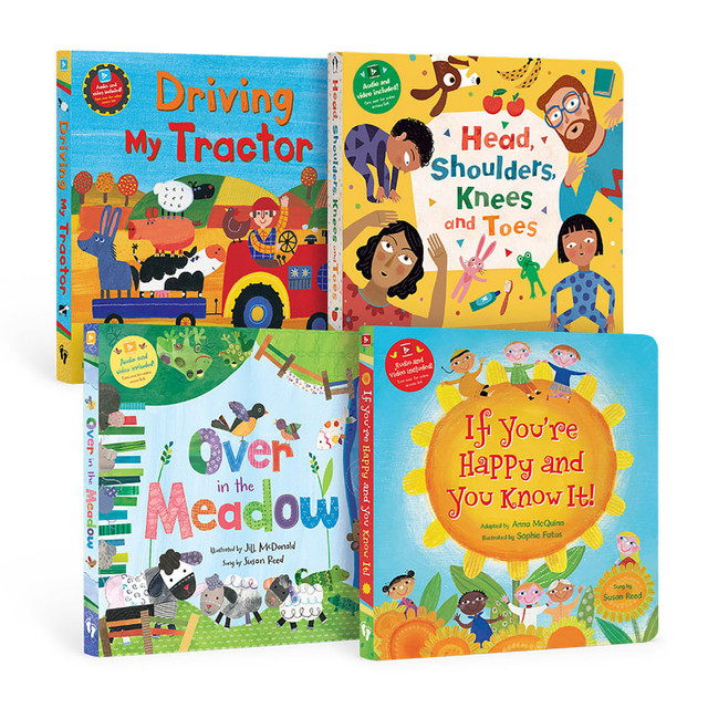 Young students can learn about global awareness, healthy habits, animals and more with the Barefoot Books PreK Lap Singalongs Board Book Bundle. Use the QR code included with each book to access audio and animation for deeper learning.  Young learners can be introduced to important topics through singing and dancing.  Includes Driving My Tractor (9781646868551), Head, Shoulders, Knees and Toes (9781646862856), Over in the Meadow (9781646862887) and If You are Happy and You Know It (9781646862863).  Set is displayed in a large board format.  Each book includes a QR code to access audio and animation.