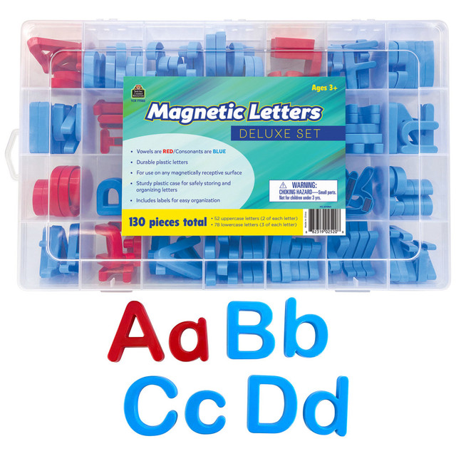 Make learning fun with the Teacher Created Resources Magnetic Letters Deluxe Set. This set helps kids transition from recognizing individual letters to forming words and sentences.  Helps kids transition from recognizing individual letters to forming words and sentences.  Vowel letters are red and consonants are blue.  Includes 52 uppercase letters (2 of each letter) and 78 lowercase letters (3 of each letter).