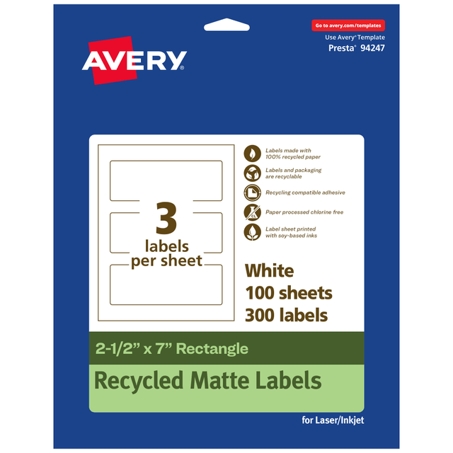 AVERY PRODUCTS CORPORATION 94247-EWMP100 Avery Recycled Paper Labels, 94247-EWMP100, Rectangle, 2-1/2in x 7in, White, Pack Of 300 AVERY PRODUCTS CORPORATION 94247-EWMP100 Avery Recycled Paper Labels, 94247-EWMP100, Rectangle, 2-1/2in x 7in, White, Pack Of 300