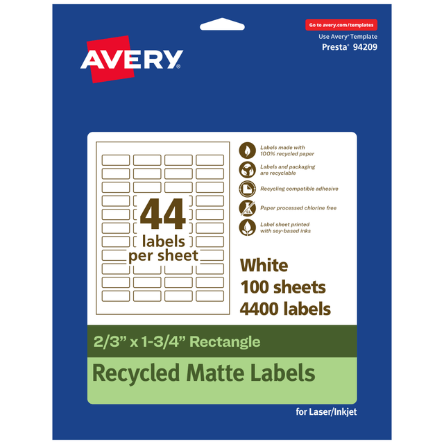 AVERY PRODUCTS CORPORATION 94209-EWMP100 Avery Recycled Paper Labels, 94209-EWMP100, Rectangle, 2/3in x 1-3/4in, White, Pack Of 4400 AVERY PRODUCTS CORPORATION 94209-EWMP100 Avery Recycled Paper Labels, 94209-EWMP100, Rectangle, 2/3in x 1-3/4in, White, Pack Of 4400
