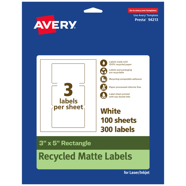 AVERY PRODUCTS CORPORATION 94213-EWMP100 Avery Recycled Paper Labels, 94213-EWMP100, Rectangle, 3in x 5in, White, Pack Of 300 AVERY PRODUCTS CORPORATION 94213-EWMP100 Avery Recycled Paper Labels, 94213-EWMP100, Rectangle, 3in x 5in, White, Pack Of 300