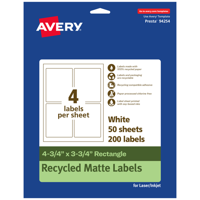 AVERY PRODUCTS CORPORATION 94254-EWMP50 Avery Recycled Paper Labels, 94254-EWMP50, Rectangle, 4-3/4in x 3-3/4in, White, Pack Of 200 AVERY PRODUCTS CORPORATION 94254-EWMP50 Avery Recycled Paper Labels, 94254-EWMP50, Rectangle, 4-3/4in x 3-3/4in, White, Pack Of 200