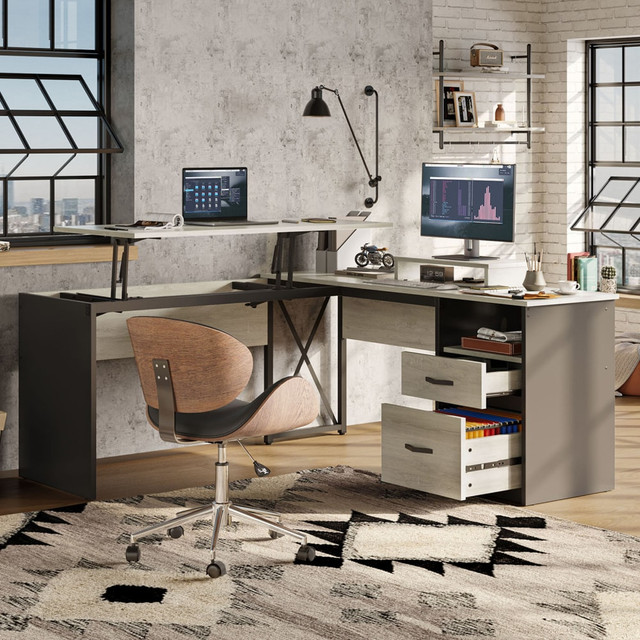 BESTIER H100914E-RGOL 56inW Standing Desk With Drawers & Monitor Stand, Light Retro Gray Oak BESTIER H100914E-RGOL 56inW Standing Desk With Drawers & Monitor Stand, Light Retro Gray Oak