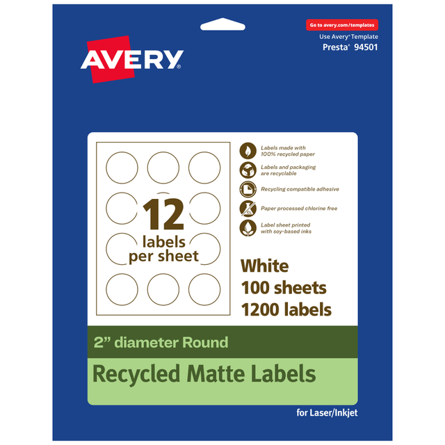 AVERY PRODUCTS CORPORATION 94501-EWMP100 Avery Recycled Paper Labels, 94501-EWMP100, Round, 2in diameter, White, Pack Of 1200 AVERY PRODUCTS CORPORATION 94501-EWMP100 Avery Recycled Paper Labels, 94501-EWMP100, Round, 2in diameter, White, Pack Of 1200