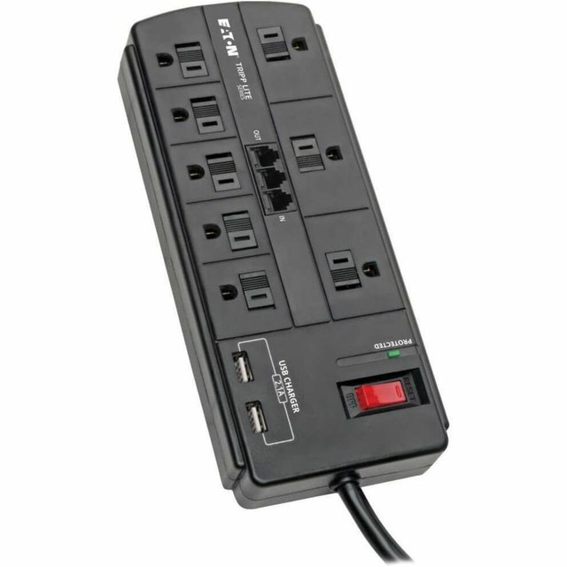 TRIPP LITE TLP88TUSBB Eaton Tripp Lite Series 8-Outlet Surge Protector Power Strip with 2 USB Ports (2.1A Shared) - 8 ft. Cord, 1200 Joules, Tel/Modem, Black - Surge protector - 15 A - AC 120 V - 1875 Watt - output connectors: 10 - 8 ft cord - black TRIPP LITE TLP88TUSBB Eaton Tripp Lite Series 8-Outlet Surge Protector Power Strip with 2 USB Ports (2.1A Shared) - 8 ft. Cord, 1200 Joules, Tel/Modem, Black - Surge protector - 15 A - AC 120 V - 1875 Watt - output connectors: 10 - 8 ft cord - black