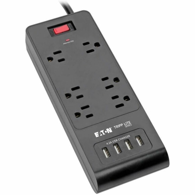 TRIPP LITE TLP664USBB Eaton Tripp Lite Series 6-Outlet Surge Protector with 4 USB Ports (4.2A Shared) - 6 ft. Cord, 900 Joules, Black - Surge protector - 15 A - AC 120 V - 1875 Watt - output connectors: 6 - 6 ft cord - black TRIPP LITE TLP664USBB Eaton Tripp Lite Series 6-Outlet Surge Protector with 4 USB Ports (4.2A Shared) - 6 ft. Cord, 900 Joules, Black - Surge protector - 15 A - AC 120 V - 1875 Watt - output connectors: 6 - 6 ft cord - black