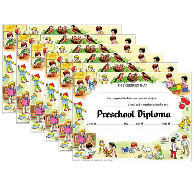 When little learners are ready to move to the next grade level, give them a special reward with this diploma. The customizable sheets can be written on by hand or printed on using a downloadable template.  Use to showcase milestone achievements by students.  Official-looking appearance provides an authoritative feel.  Ready-to-frame design makes it simple for recipients to preserve an award.  These beautifully designed diplomas feature our Primary Border 2.  Certificates measure 8.5in x 11in.  Each pack includes 30 certificates.  Sold as 6 packs for a total of 180 certificates.  Certificate reads: This Certifies That ___ has completed the Preschool course of study at _____ School and is therefore entitled to this Preschool Diploma Given at _____ this _____ day of _____ year of _____.  Blank Preschool diplomas can be personalized with the students name and information regarding their graduation.