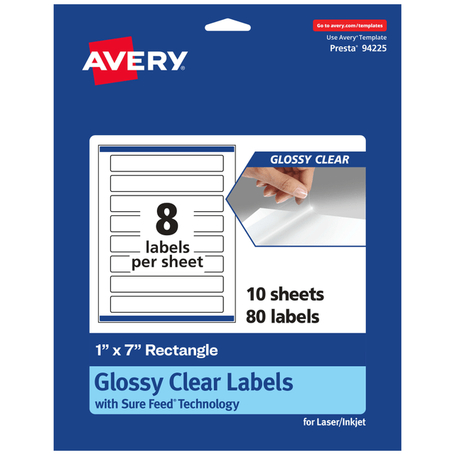 AVERY PRODUCTS CORPORATION 94225-CGF10 Avery Glossy Permanent Labels With Sure Feed, 94225-CGF10, Rectangle, 1in x 7in, Clear, Pack Of 80