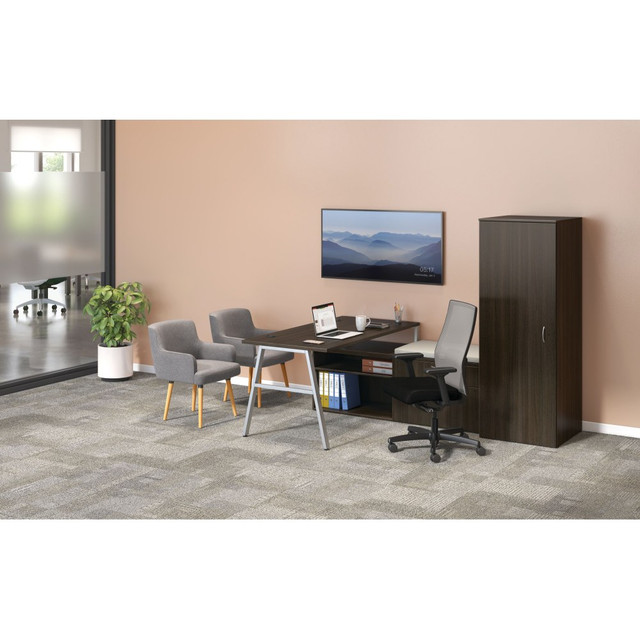 HON HON8460LDKJA1AS Mod 84inW L-Station A-Leg Table Writing Desk, Java Oak/Silver/Cool Neutral HON HON8460LDKJA1AS Mod 84inW L-Station A-Leg Table Writing Desk, Java Oak/Silver/Cool Neutral