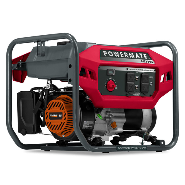 Choose the Powermate PM3800 Portable Generator With 5-Gallon Tank to help give your devices life when traditional power isnT an option. The generator offers a quick-start dial and provides a powerful, 212cc OHV engine.  Generac 212cc OHV engine for consistent, reliable power.  COSense Technology helps protect against hazardous carbon monoxide.  3-in-1 POWERDIAL makes startup simple thanks to an integrated off/run/choke knob.  Covered outlets to keep out debris.  Low-oil level shutdown helps protect the engine from damage.  Ergonomic frame allows portability.  Fuel gauge and hour meter let you monitor important details.  Backed by the manufacturers limited warranty.  Fuel tank holds up to 5 gallons and can run for up to 21 hours at 25% load.  This product is heavy and/or oversized and may need more than one person to handle.