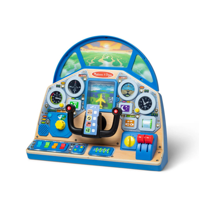 Kids can let their imagination run with engaging pretend-play adventures using the Melissa & Doug Jet Pilot Interactive Dashboard. With a steering yoke, full-color destination scenes and a 4-position throttle, children can immerse themselves in the world of aviation. The destination dial says "hello" in 6 languages and the radio button plays music from each destination, so children can learn about the diverse cultures around them.  Features lights, buttons, switches and sounds to keep kids engaged and immersed in exciting pretend-play adventures while learning about other cultures, countries and continents.  Includes an airplane steering yoke mounted on a wooden cockpit dashboard, a snap-on windscreen, full-color destination scenes, a 4-position throttle, a destination dial, radio, light-up dials, a pretend play headset and reusable takeoff and landing checklist.  Dashboard has 2 volume options for sensory-friendly play.  Hear "hello" in 6 different languages (English, Mandarin, French, Hindi, Spanish and Arabic) using the destination dial.  Radio plays music from each destination (U.S., China, France, India, South America and Africa).  Dashboard requires 3 AA batteries (not included).  Turns off automatically after approximately 9 minutes of inactivity to prevent battery drain.