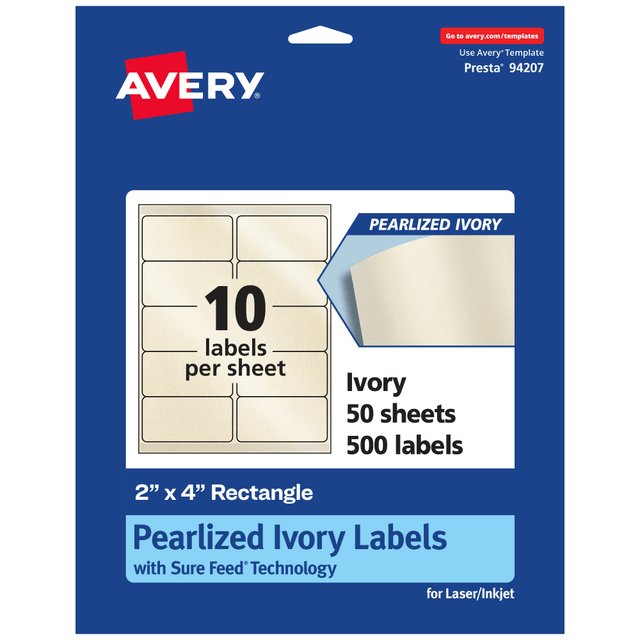 AVERY PRODUCTS CORPORATION 94207-PIP50 Avery Pearlized Permanent Labels With Sure Feed, 94207-PIP50, Rectangle, 2in x 4in, Ivory, Pack Of 500 Labels AVERY PRODUCTS CORPORATION 94207-PIP50 Avery Pearlized Permanent Labels With Sure Feed, 94207-PIP50, Rectangle, 2in x 4in, Ivory, Pack Of 500 Labels