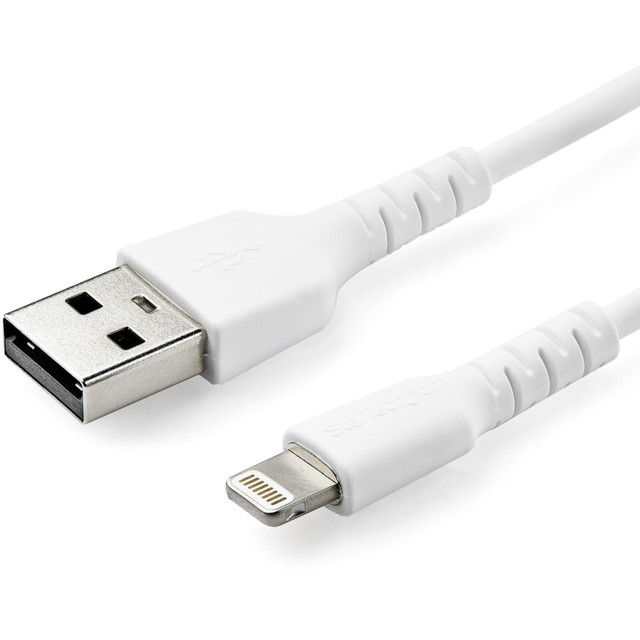 DURABLE: 3.3 ft. Heavy duty lightning cable with Kevlar aramid fiber for high tensile strength increasing reliability & life of cable; Long lasting cable tested to withstand 10000+ bend cycles at 180 & 5000+ insertions  CHARGE LIGHTNING DEVICES: Compatible with devices equipped with lightning port, incl Airpods, Magic Keyboard, Magic Trackpad, Magic Mouse and Siri Remote  APPLE MFI CERTIFIED: USB-A to lightning adapter cable for guaranteed fast & reliable charge/sync from USB Type-A charger port for lightning devices including iPhone 12 Pro/Max/Mini, iPhone 8/11/11 Pro, iPhone XR, iPad Air, iPad, iPad Mini  FLEXIBLE CABLE: TPE jacket absorbs stress of frequent bends without damaging the core of the cable. Durable wire & connector protects this charge & sync cord from wear & tear of frequent in-car use  CABLE SPECS: Length: 1 m (3.3 ft.) | Color: White | Connectors: Lightning & USB-A | Performance: USB 2.0 480Mbps | Reinforcement: Aramid Fiber | Jacket Type: TPE | Shield: Al-Mylar | Backed by StarTech.com for 2 years