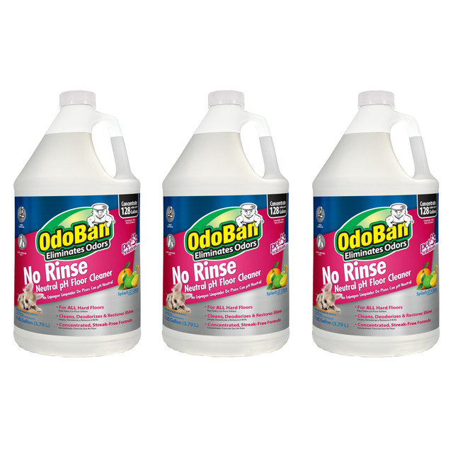 Keep the OdoBan Pet Solutions No-Rinse Neutral pH Floor Cleaner Concentrate handy in your home. This cleaner concentrate helps you clean up residue and odors from animal accidents on many types of floors and other surfaces. The no-rinse formula adds convenience.  Cleaner concentrate helps clean up residue and odors from animal accidents.  No-rinse formula helps manage all kinds of pet messes.  Naturally derived surfactant system helps clean laminate, vinyl, tile, rubber, sealed wood, sealed concrete, marble, granite and natural stone flooring.  Also cleans countertops, toilets, sinks and glass surfaces.  Designed to make up to 128 gallons using a single gallon of concentrate.  Jug allows for simple pouring of liquid.