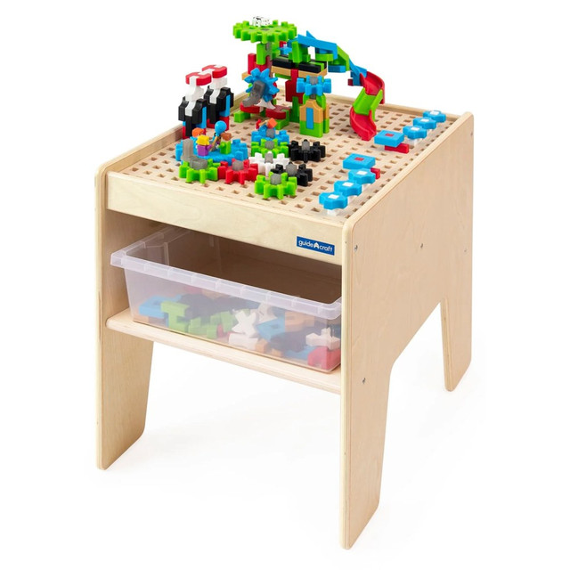 Children 3 and up will develop social emotional and STEM-based skills during hands-on, collaborative playtime around the IO Blocks STEM Table.  This all-in-one set includes a durable, easy-to-clean birch table with raised grid tabletop for stabilized builds using the 200 gears, slides IO people and standard IO Blocks pieces.  Keep pieces organized and accessible using the included 2 clear storage bins.  Adult assembly required.  Table measures 22in W x 16.5in D x 20in H (55cm W x 41cm D x 50cm H).