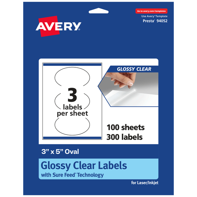 AVERY PRODUCTS CORPORATION 94052-CGF100 Avery Glossy Permanent Labels With Sure Feed, 94052-CGF100, Oval, 3in x 5in, Clear, Pack Of 300 AVERY PRODUCTS CORPORATION 94052-CGF100 Avery Glossy Permanent Labels With Sure Feed, 94052-CGF100, Oval, 3in x 5in, Clear, Pack Of 300