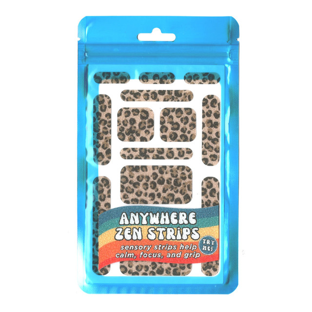 Sensory strips help calm and focus! Simply touch, swipe, scratch or fidget with Zen Strips to manage stress, boost concentration and enjoy a calming effect.  Various sizes allow for even more possibilities!  With an easy peel, stick, and press application, use on your everyday items including smartphones, laptops, tablets, or even water bottles.  The various sizes work great for any item! Manufactured using child-friendly materials.  Includes 78 Anywhere Zen Strips (13 per set, 6 sets) with a raised, grainy texture with cheetah print.