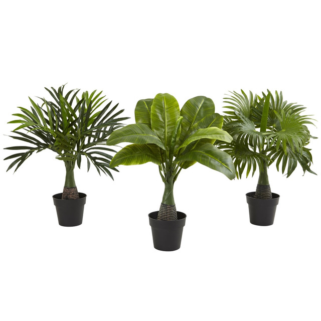 NEARLY NATURAL INC. 6867-S3 Nearly Natural Areca, Fountain & Banana Palm 16inH Artificial Trees With Pots, 16inH x 15inH x 15inD, Green, Set Of 3
