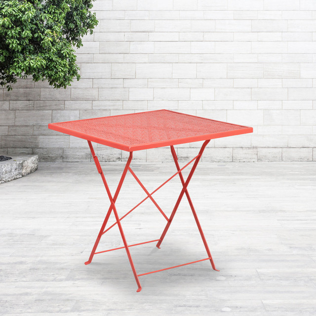 FLASH FURNITURE CO1RED  Oia Commercial Grade 28in Square Indoor-Outdoor Steel Folding Patio Table, 28inH x 28inW x 28inD, Coral