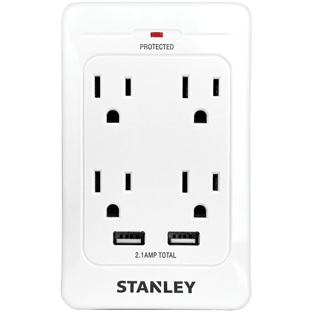 Set this Stanley SurgeQuad 33202 4 AC Outlet And 2 USB Wall Tap in your living or office space to enjoy a versatile power solutions. The unit offers 4 grounded outlets and 2 USB ports to give life to your devices, and it provides 1,080 Joules of surge protection.  Helps convert a grounded wall outlet into 4 grounded outlets and 2 USB charging ports (2.1 amps shared) to let you plug in plenty of devices.  Delivers 1,080 Joules of surge protection. Surge-protection LED for easy reference.  Designed to plug into a standard duplex wall outlet.  Rated: 125 VAC/60 Hz/15 amps/1,875 watts  cETL approved and UL listed.  Backed by the manufacturers 3-year limited warranty.  White for a classic look.  Helps save energy - designed to limit the energy used by other products, potentially helping you reduce your carbon footprint and save money.