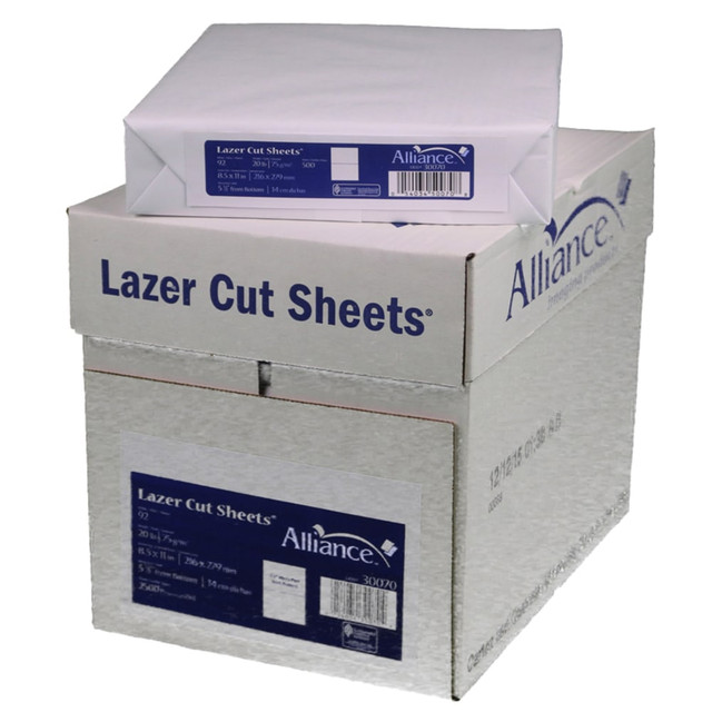 Neatly and efficiently print statements, invoices, gift certificates and more for your business with Alliance Processed Lazer Cut Sheet Copy Paper. Each sheet is perforated cleanly to help prevent jams.  Durable 20 lb paper with 92+ brightness for high-quality results.  Perforations are located 5-1/2in from the bottom.  Perforations are clean cut, allowing sheets to run smoothly without jams.  Ideal for statements, invoices, notices, direct mail and gift certificates.  Suitable for high speed copiers, laser printers, inkjet printers and offset processes.  Includes a carton of 5 reams.