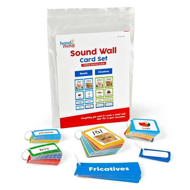 Make a sound wall in your classroom with the Hand2Mind Sound Wall Cards 190-Piece Set. This set includes everything you need to introduce a sound wall, including cards organized on rings and a getting started guide.  Phonics tool is ideal for young children, early readers and more.  Includes everything teachers need to introduce a sound wall into their classrooms.  Cards are organized on rings and sized so that the completed Sound Wall takes up less space.  Comes with a Getting Started Guide that provides an outline of how to organize and use your sound wall and a blackline masters for a Consonant Chart and Vowel Valley.  Also includes 44 phoneme cards, 45 grapheme/photo cards with the sounds most common spelling, 80 spelling cards showing alternative spellings of the sounds, 11 header cards and 10 blank write "n wipe cards.
