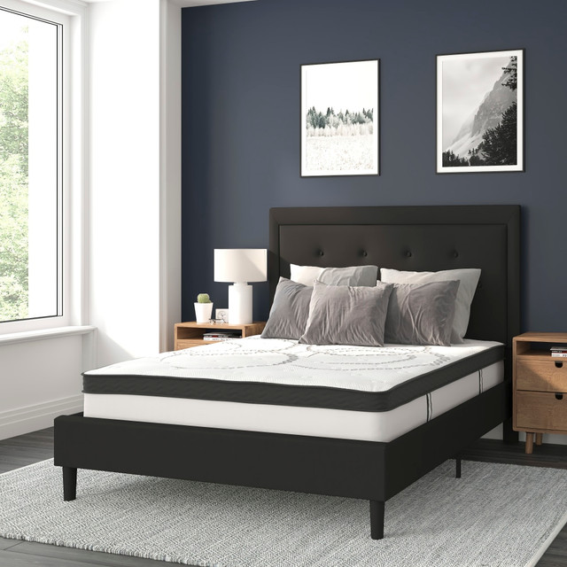 FLASH FURNITURE SLBM1022  Roxbury Tufted Upholstered Platform Bed with 10in CertiPUR-US Certified Foam and Pocket Spring Mattress, Full, 50-3/4inH x 59inW x 81inL, Black
