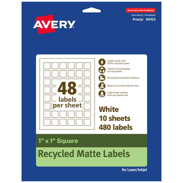 AVERY PRODUCTS CORPORATION 94103-EWMP10 Avery Recycled Paper Labels, 94103-EWMP10, Square, 1in x 1in, White, Pack Of 480 AVERY PRODUCTS CORPORATION 94103-EWMP10 Avery Recycled Paper Labels, 94103-EWMP10, Square, 1in x 1in, White, Pack Of 480