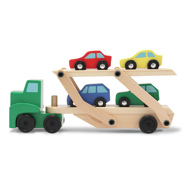 This wooden six-wheeler truck is ready to hit the road and spark your little ones imagination by picking up and delivering four colorful cars. With "easy-load and lower" ramps, the truck offers two levels for loading and unloading the vehicles, providing hours of fun playtime and motor skill development.  Wooden playset with a truck that picks up and delivers four colorful cars  "Easy-load and lower" ramps provide two levels for vehicles  Cars are compatible with all standard wooden train tracks  Quality wooden construction for durability  Encourages motor skills and imaginative play