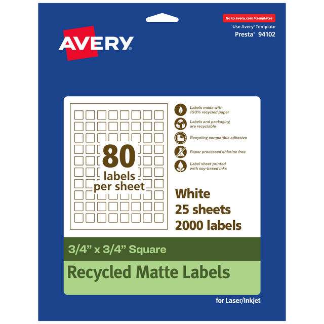 AVERY PRODUCTS CORPORATION 94102-EWMP25 Avery Recycled Paper Labels, 94102-EWMP25, Square, 3/4in x 3/4in, White, Pack Of 2000 AVERY PRODUCTS CORPORATION 94102-EWMP25 Avery Recycled Paper Labels, 94102-EWMP25, Square, 3/4in x 3/4in, White, Pack Of 2000