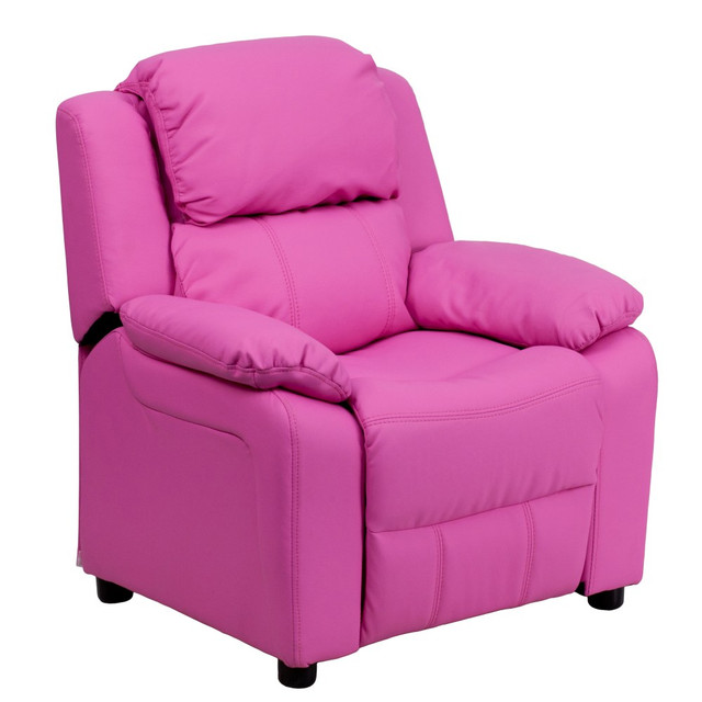 FLASH FURNITURE BT7985KIDHOTPK  Deluxe Padded Contemporary Vinyl Kids Recliner Accent Chair With Storage Arms, Hot Pink