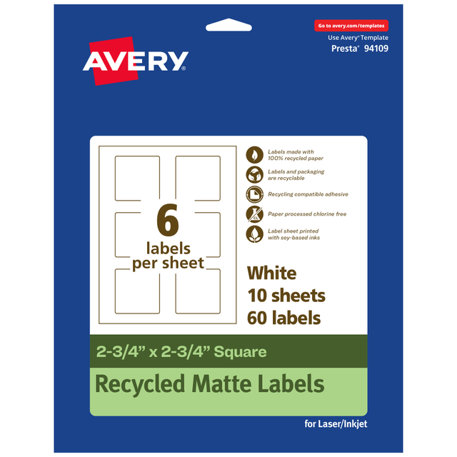 AVERY PRODUCTS CORPORATION 94109-EWMP10 Avery Recycled Paper Labels, 94109-EWMP10, Square, 2-3/4in x 2-3/4in, White, Pack Of 60 AVERY PRODUCTS CORPORATION 94109-EWMP10 Avery Recycled Paper Labels, 94109-EWMP10, Square, 2-3/4in x 2-3/4in, White, Pack Of 60