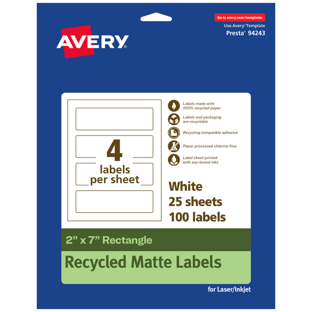 AVERY PRODUCTS CORPORATION 94243-EWMP25 Avery Recycled Paper Labels, 94243-EWMP25, Rectangle, 2in x 7in, White, Pack Of 100 AVERY PRODUCTS CORPORATION 94243-EWMP25 Avery Recycled Paper Labels, 94243-EWMP25, Rectangle, 2in x 7in, White, Pack Of 100