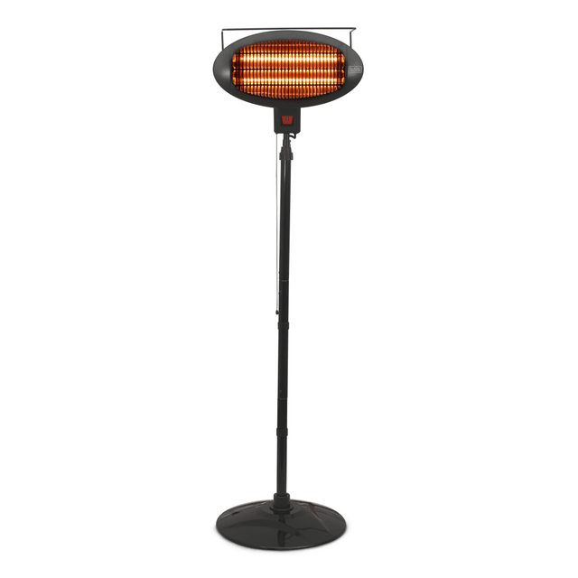 Heat your patio area with the Black+Decker Patio 1500W Electric Heater. The halogen tubes provide heat for spaces up to 269 sq ft, and you can control the heat through low, medium and high settings. The pull chain control makes it easy to manipulate the heater.  3 halogen tube heating elements heat spaces up to 269 sq ft.  Pull chain control offers convenient manipulation.  3 heat settings include low heat (500W), medium heat (1000W) and high heat (1500W).  Adjustable up to 40 deg. angles.  Safety overheat protection.  Safety tip over shutoff function.  Includes wall mount installation accessories.  Backed by the manufacturer's 1-year limited warranty.