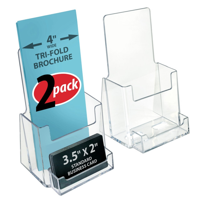 AZAR INTERNATIONAL INC 252922-2PK Azar Displays Trifold Brochure Holders With Business Card Pockets, 7-1/4inH x 4-1/8inW x 3-9/16inD, Clear, Set Of 2 Holders