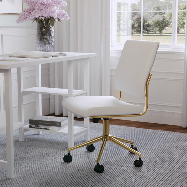 FLASH FURNITURE CH2209211WHGLD Martha Stewart Ivy Faux Leather Upholstered Mid-Back Executive Office Chair, White/Polished Brass FLASH FURNITURE CH2209211WHGLD Martha Stewart Ivy Faux Leather Upholstered Mid-Back Executive Office Chair, White/Polished Brass