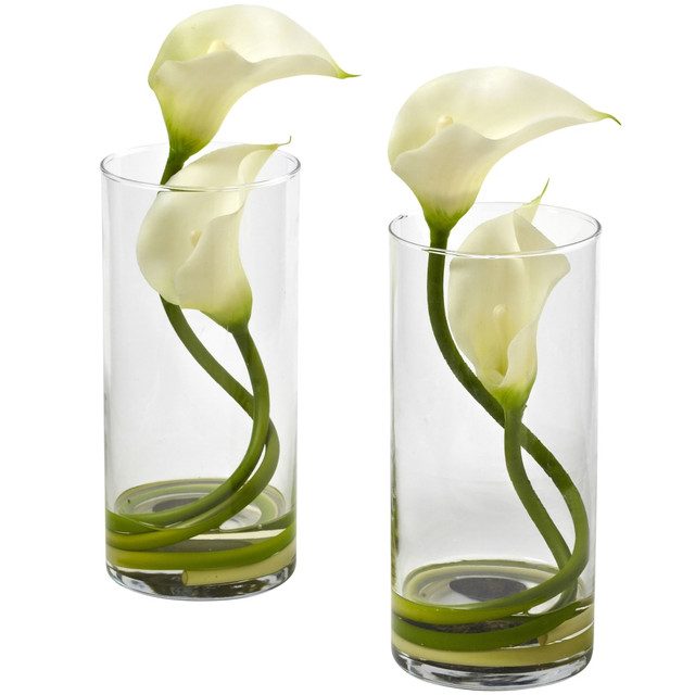 NEARLY NATURAL INC. 1390-CR-S2 Nearly Natural Double Calla Lily 10-1/2inH Artificial Floral Arrangements With Cylinder Vase, 10-1/2inH x 4-1/4inW x 3-1/2inD, Cream, Set Of 2