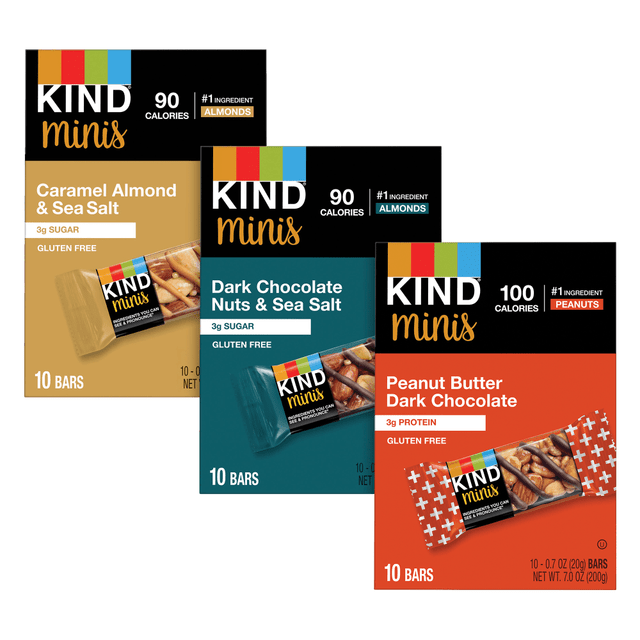 SUNSET HILL FARM 008101289423 KIND Minis Variety Pack, Dark Chocolate Nuts & Sea Salt/Caramel Almond Sea Salt/Peanut Butter Dark Chocolate, 1.4 Oz, Pack Of 30 Bars SUNSET HILL FARM 008101289423 KIND Minis Variety Pack, Dark Chocolate Nuts & Sea Salt/Caramel Almond Sea Salt/Peanut Butter Dark Chocolate, 1.4 Oz, Pack Of 30 Bars