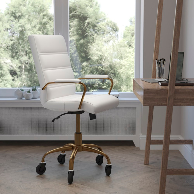 FLASH FURNITURE GO2286MWHGLDRLB Camilia Ergonomic Faux Leather Mid-Back Executive Swivel Office Chair With Arms, White/Gold FLASH FURNITURE GO2286MWHGLDRLB Camilia Ergonomic Faux Leather Mid-Back Executive Swivel Office Chair With Arms, White/Gold