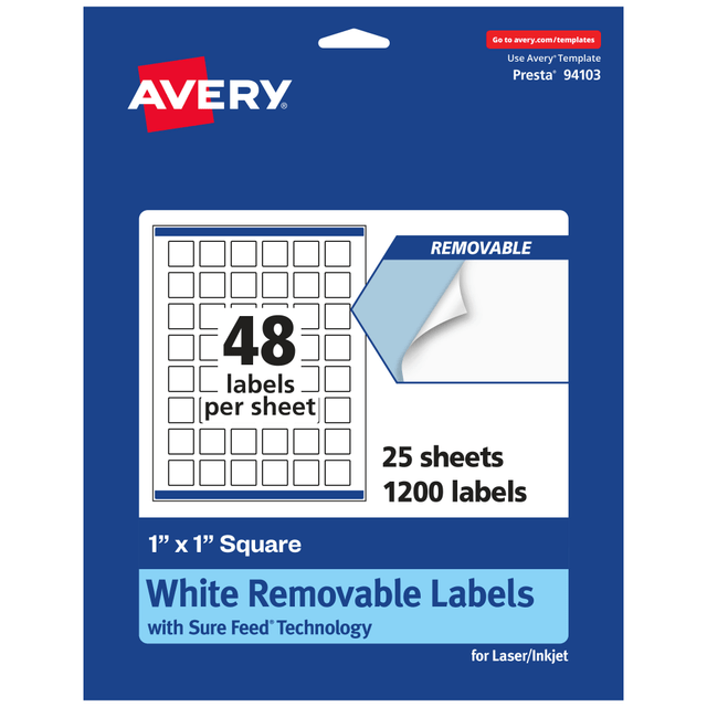 AVERY PRODUCTS CORPORATION 94103-RMP25 Avery Removable Labels With Sure Feed, 94103-RMP25, Square, 1in x 1in, White, Pack Of 1,200 Labels AVERY PRODUCTS CORPORATION 94103-RMP25 Avery Removable Labels With Sure Feed, 94103-RMP25, Square, 1in x 1in, White, Pack Of 1,200 Labels