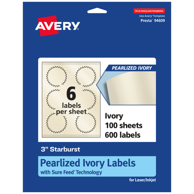 AVERY PRODUCTS CORPORATION 94609-PIP100 Avery Pearlized Permanent Labels With Sure Feed, 94609-PIP100, Starburst, 3in, Ivory, Pack Of 600 Labels AVERY PRODUCTS CORPORATION 94609-PIP100 Avery Pearlized Permanent Labels With Sure Feed, 94609-PIP100, Starburst, 3in, Ivory, Pack Of 600 Labels