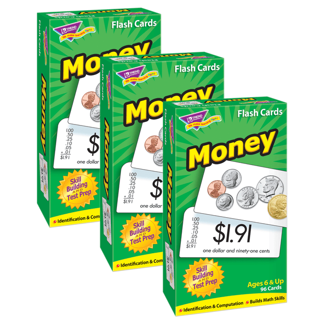 Learn about money concepts with the TREND Money Skill Drill Flash Cards. These flash cards use photos for real-life learning, and each card has the answers on the back for convenient self-checking.  Teach money concepts using U.S. coins and bills, numbers and words.  Photos allow for real-life learning.  Answers on the back make it easy to self-check.  Rounded corners enable quick sorting.