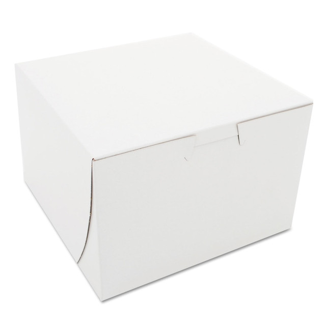 Pack cupcakes, cookies, pies and other treats in these SCT 1-Piece Non-Window Bakery Boxes. Each sturdy box is made from moisture-resistant paperboard with lock-corner closures and a tuck top to secure contents.  Made from moisture-resistant clay-coated paperboard.  Lock-corner design for stability.  Tuck-top lid offers a secure closure.  Reversible design.  Clay-coated exterior accepts a printed logo or business name.  Boxes ship flat for transport and storage. Easily assembled.