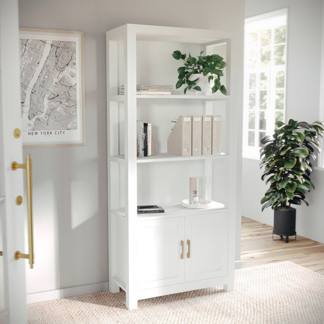 FLASH FURNITURE ZG053WHGLD Martha Stewart Hutton 68inH 4-Shelf Shaker Bookcase With Storage Cabinet, White/Polished Brass