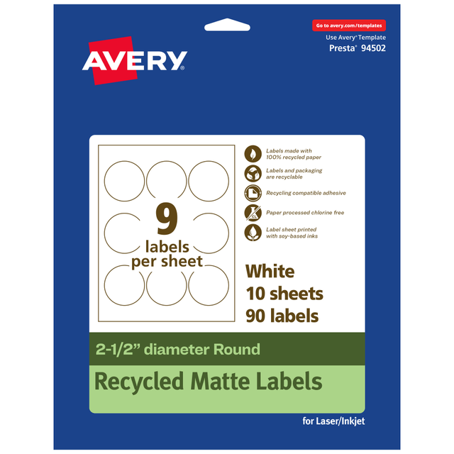 AVERY PRODUCTS CORPORATION 94502-EWMP10 Avery Recycled Paper Labels, 94502-EWMP10, Round, 2-1/2in, White, Pack Of 90 AVERY PRODUCTS CORPORATION 94502-EWMP10 Avery Recycled Paper Labels, 94502-EWMP10, Round, 2-1/2in, White, Pack Of 90