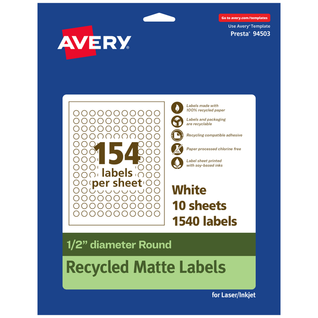 AVERY PRODUCTS CORPORATION 94503-EWMP10 Avery Recycled Paper Labels, 94503-EWMP10, Round, -1/2in diameter, White, Pack Of 1540 AVERY PRODUCTS CORPORATION 94503-EWMP10 Avery Recycled Paper Labels, 94503-EWMP10, Round, -1/2in diameter, White, Pack Of 1540