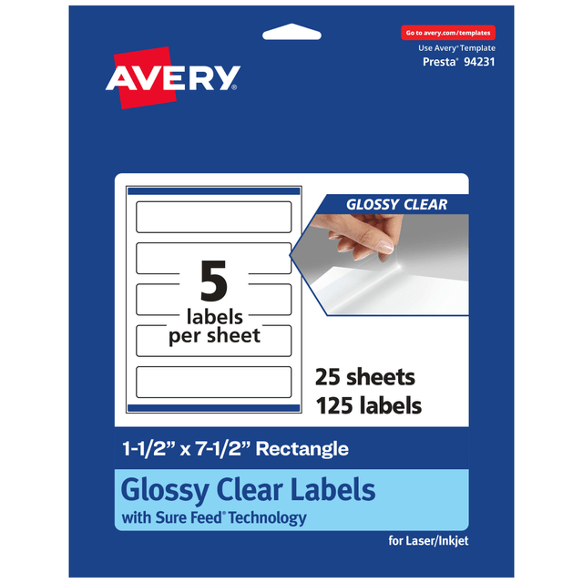 AVERY PRODUCTS CORPORATION 94231-CGF25 Avery Glossy Permanent Labels With Sure Feed, 94231-CGF25, Rectangle, 1-1/2in x 7-1/2in, Clear, Pack Of 125