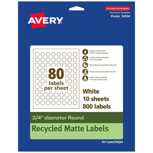AVERY PRODUCTS CORPORATION 94504-EWMP10 Avery Recycled Paper Labels, 94504-EWMP10, Round, -3/4in diameter, White, Pack Of 800 AVERY PRODUCTS CORPORATION 94504-EWMP10 Avery Recycled Paper Labels, 94504-EWMP10, Round, -3/4in diameter, White, Pack Of 800