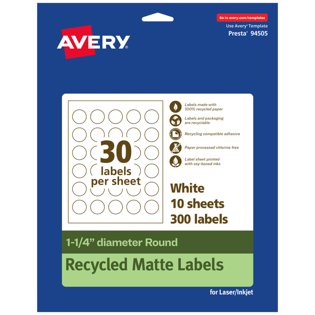 AVERY PRODUCTS CORPORATION 94505-EWMP10 Avery Recycled Paper Labels, 94505-EWMP10, Round, 1-1/4in diameter, White, Pack Of 300 AVERY PRODUCTS CORPORATION 94505-EWMP10 Avery Recycled Paper Labels, 94505-EWMP10, Round, 1-1/4in diameter, White, Pack Of 300